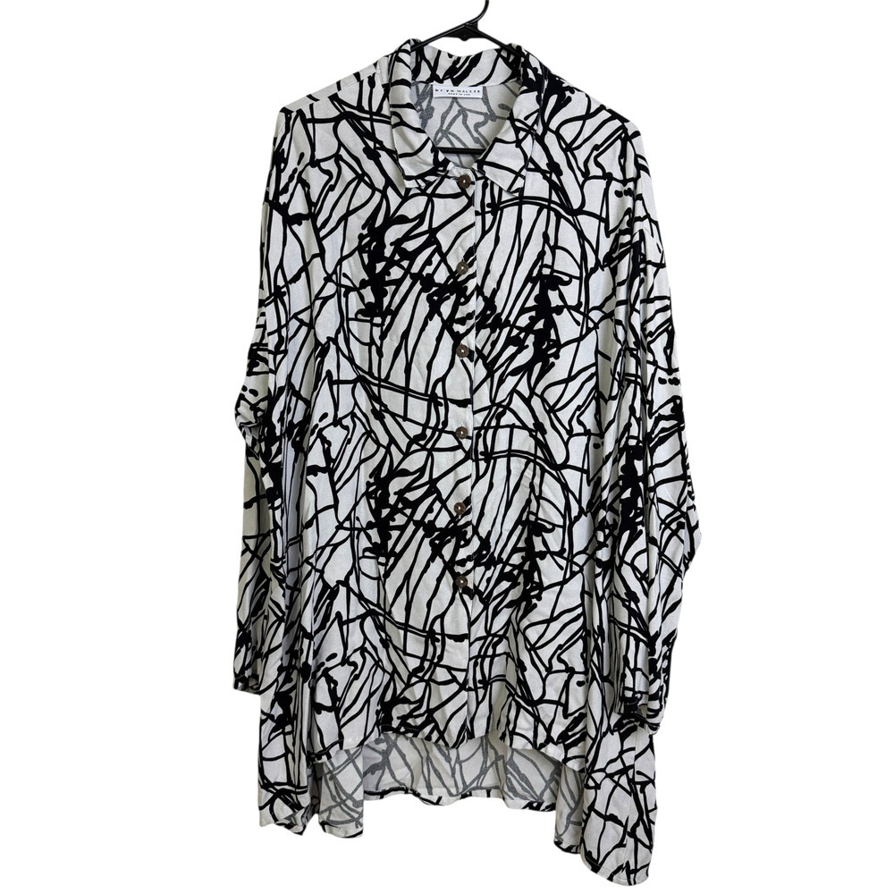 Bryn Walker Rayon Tunic Womens Medium White Abstract Long Sleeve Black Career